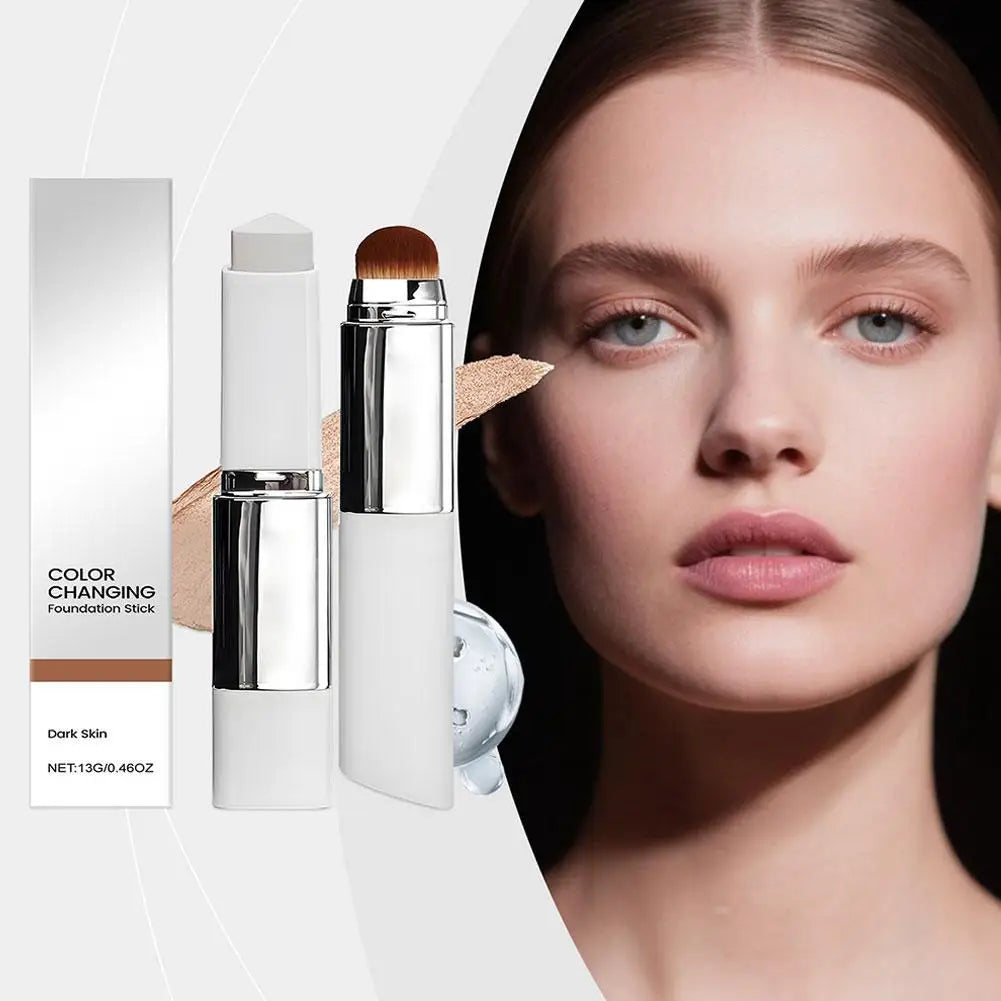 Liquid, lightweight, moisturizing, brightening, two-in-one color-changing foundation stick that works on all skin types