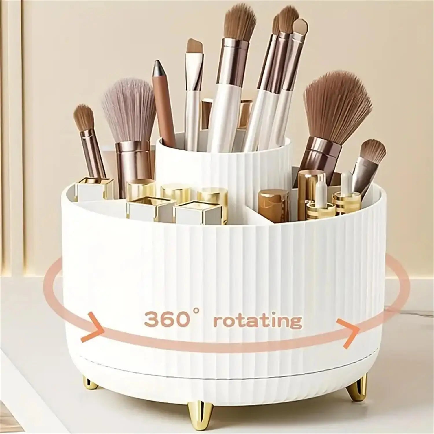 360° Rotating Makeup Organizer - Single Plastic Cosmetic Storage Unit with Five Compartments - Versatile Holder for Brushes