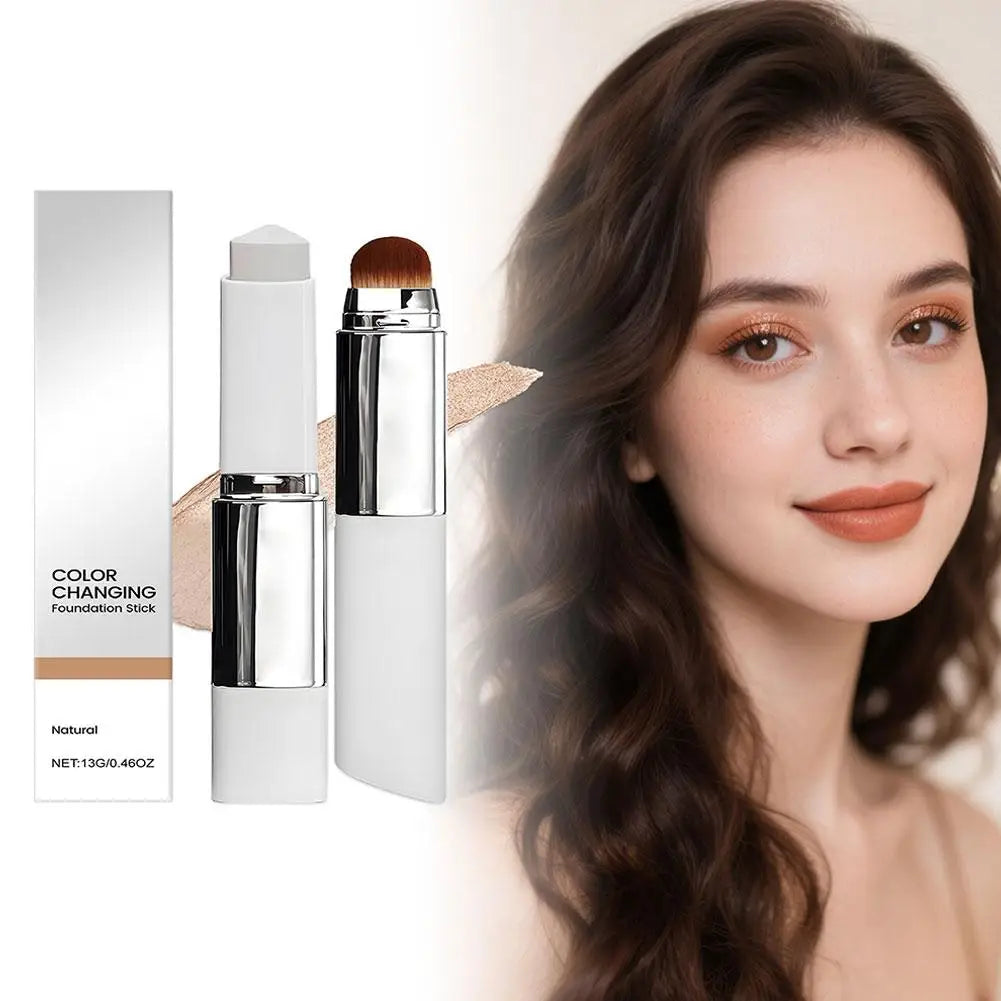 Liquid, lightweight, moisturizing, brightening, two-in-one color-changing foundation stick that works on all skin types