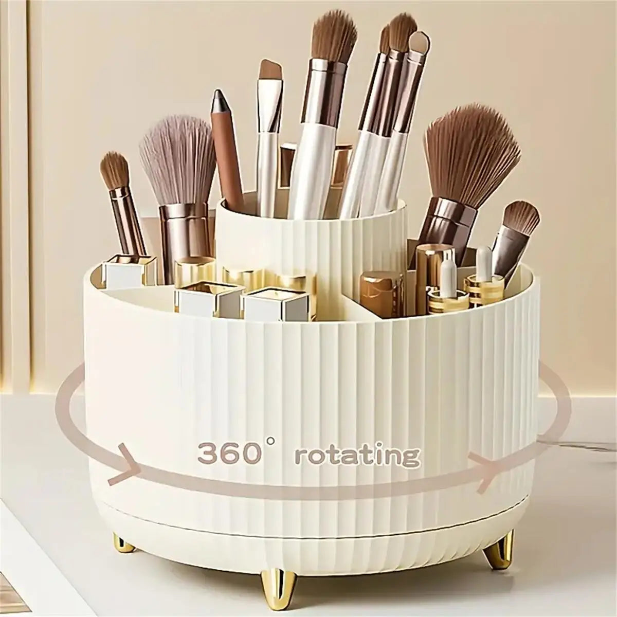 360° Rotating Makeup Organizer - Single Plastic Cosmetic Storage Unit with Five Compartments - Versatile Holder for Brushes