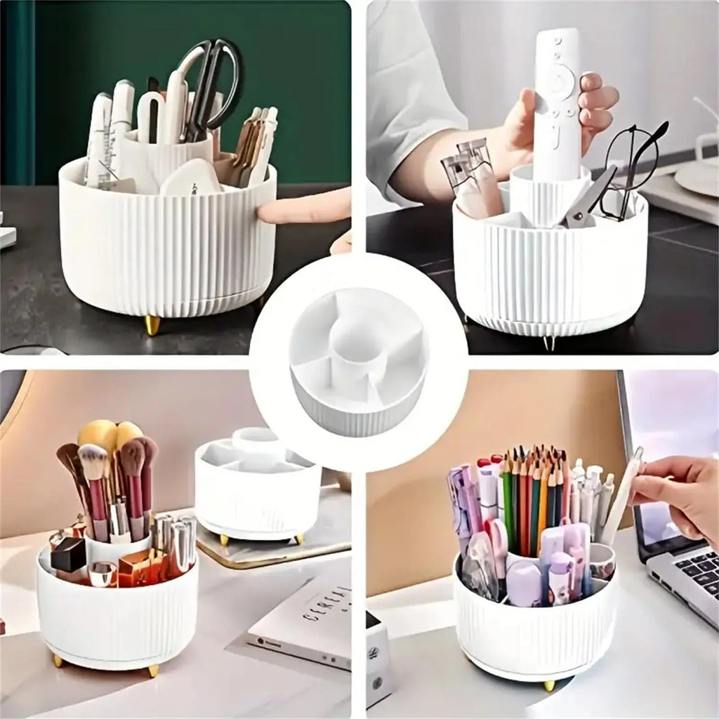 360° Rotating Makeup Organizer - Single Plastic Cosmetic Storage Unit with Five Compartments - Versatile Holder for Brushes
