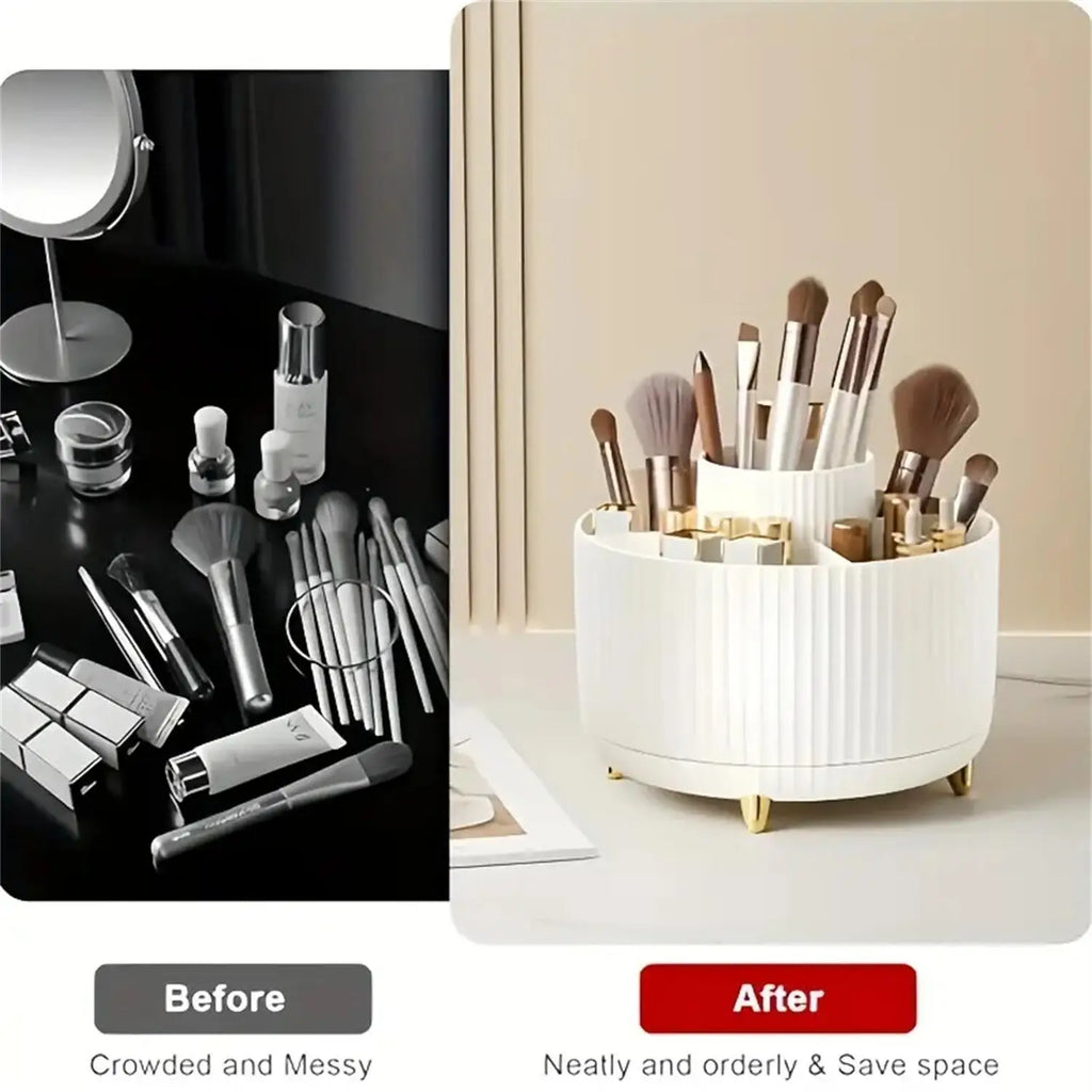 360° Rotating Makeup Organizer - Single Plastic Cosmetic Storage Unit with Five Compartments - Versatile Holder for Brushes