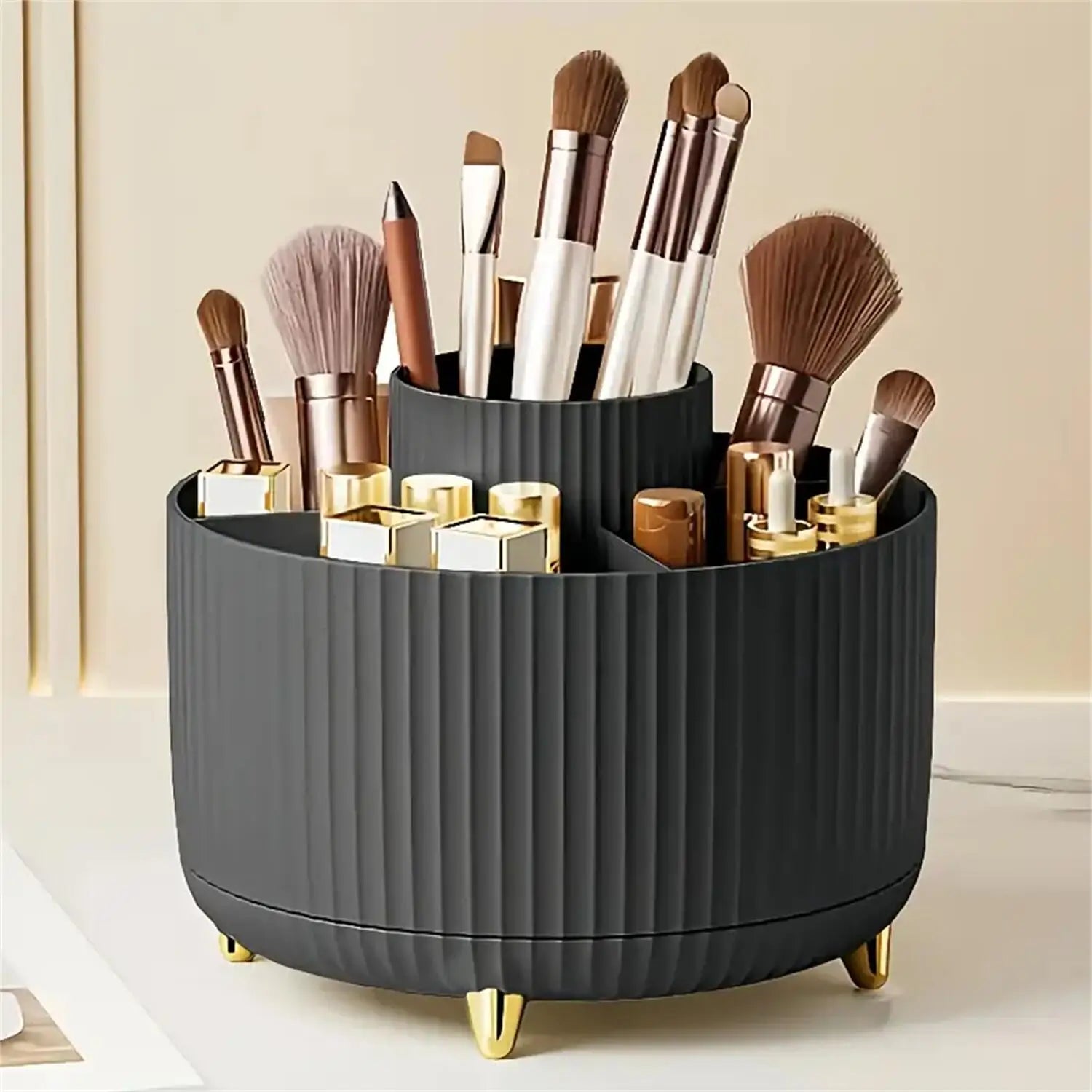 360° Rotating Makeup Organizer - Single Plastic Cosmetic Storage Unit with Five Compartments - Versatile Holder for Brushes