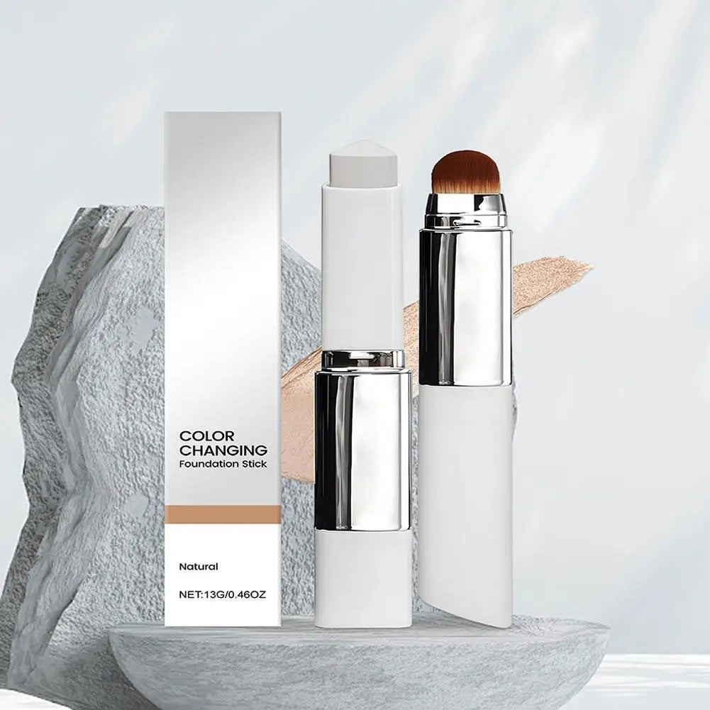 Liquid, lightweight, moisturizing, brightening, two-in-one color-changing foundation stick that works on all skin types