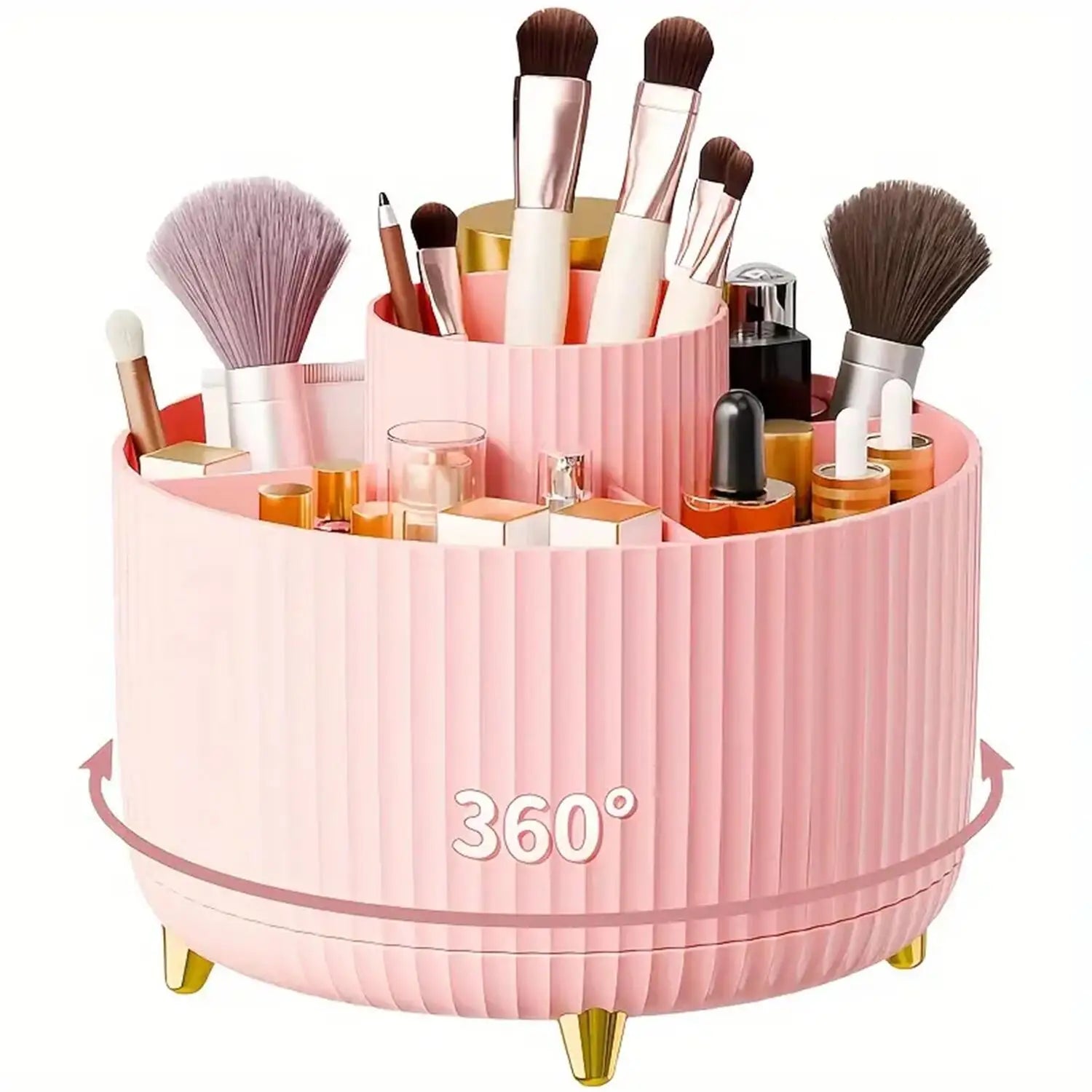 360° Rotating Makeup Organizer - Single Plastic Cosmetic Storage Unit with Five Compartments - Versatile Holder for Brushes