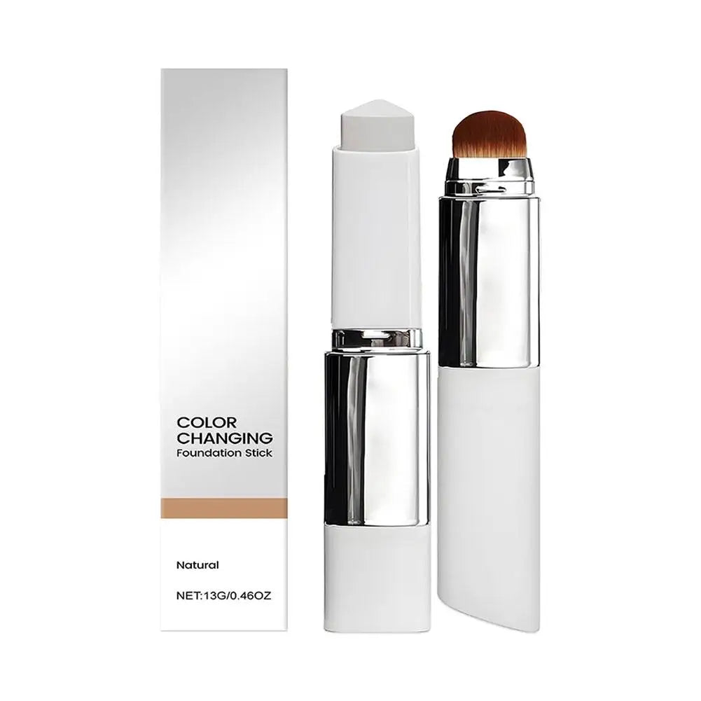 Liquid, lightweight, moisturizing, brightening, two-in-one color-changing foundation stick that works on all skin types