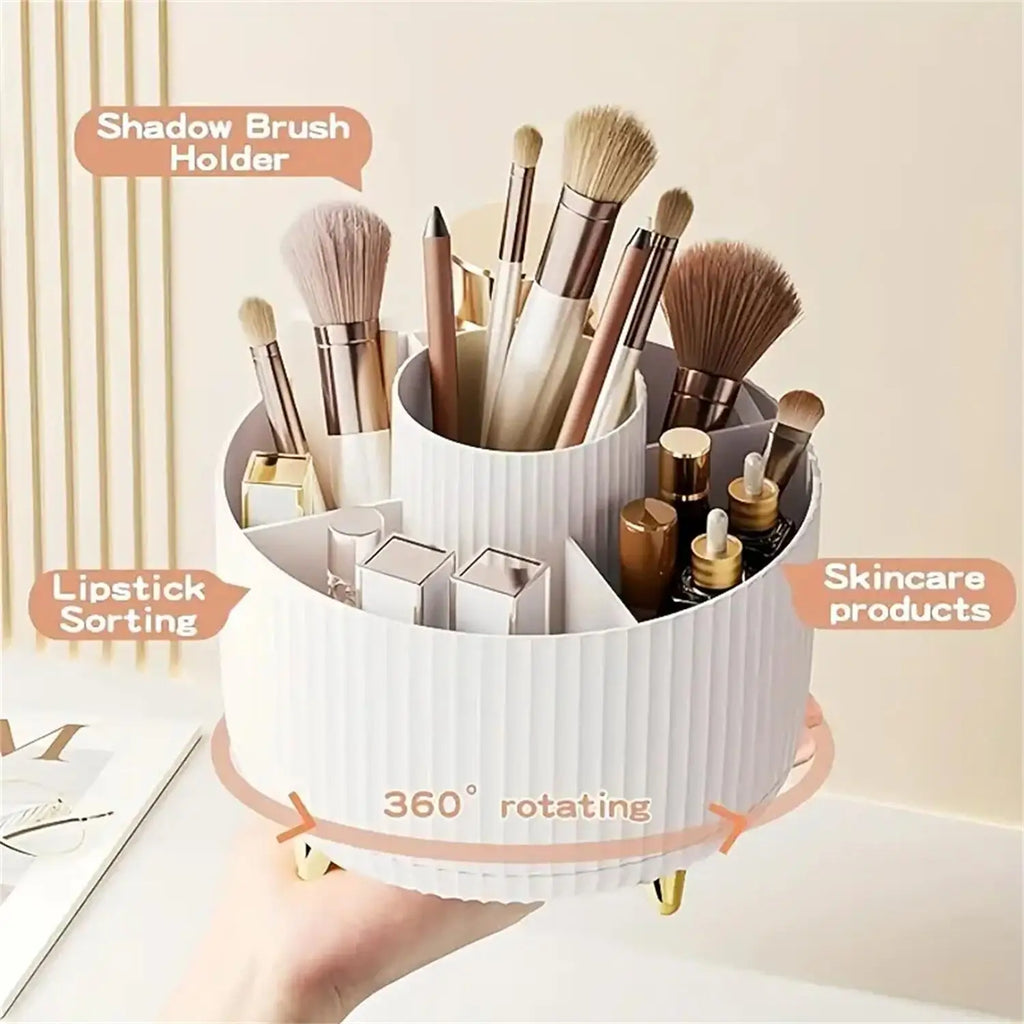 360° Rotating Makeup Organizer - Single Plastic Cosmetic Storage Unit with Five Compartments - Versatile Holder for Brushes